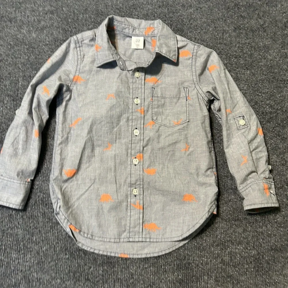 Baby Gap Shirt Boys Size 4T Long Sleeve Button Up Dinosaurs Roll‎ Tab Sleeves